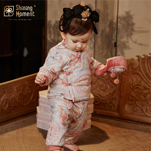 Xiaohongshu's popular baby clothes, baby quilted printing, new Chinese Hanfu two-piece suit, two-piece dress, a must-have for early winter, knitted cotton-filled partial-breasted suit cm3 100