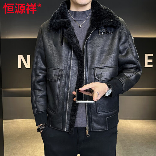 Hengyuanxiang new winter PU fur one-piece jacket men's trendy brand loose casual plus velvet thickened short motorcycle leather jacket black L