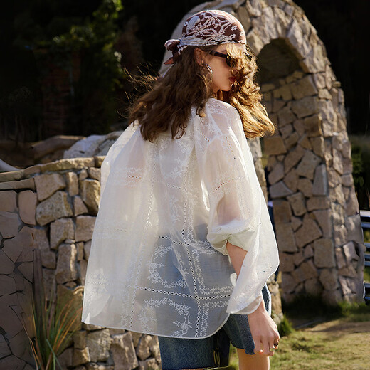 Chuyu Lyocell heavy industry embroidered white shirt for women 2026 spring new loose mid-length hollow cardigan top off-white S