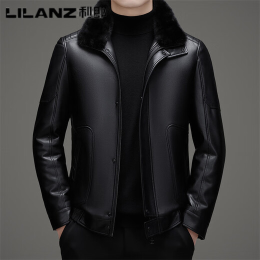 LILANZ利郎冬装男士皮衣外套休闲水貂毛可拆卸保暖皮羽绒服爸爸装男 黑色 M 170