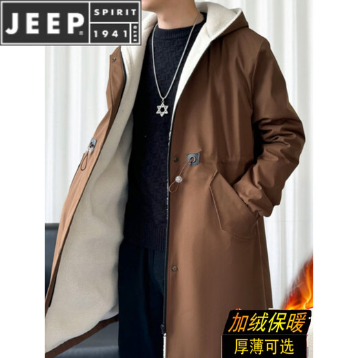 JEEP SPIRIT风衣外套男款士冬秋冬季加绒加厚羊羔毛绒棉衣棉服中长款派克大衣 黑色 常规 M 宽松版型