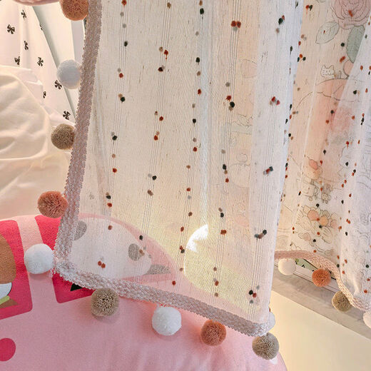 Bedroom retro dream curtain telescopic rod curtain children's room balcony half short curtain pink room window blind curtain rod type retro sugar bean yarn + three weeks of pink large hair ball piece width 100 height 50cm
