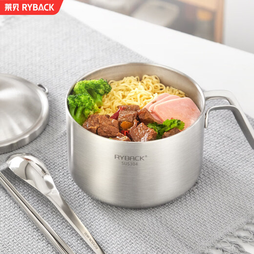 RYBACK food-grade 304 stainless steel instant noodle bowl with lid lunch box student canteen rice cooker all-steel instant noodle bowl + compartment + spoon and chopsticks