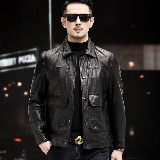 Fat Donglai Supermarket purchasing Haining first-layer waxed cowhide leather jacket men's leather jacket autumn and winter lapel workwear same style black L suitable for 110-125Jin Jin equals 0.5 kg
