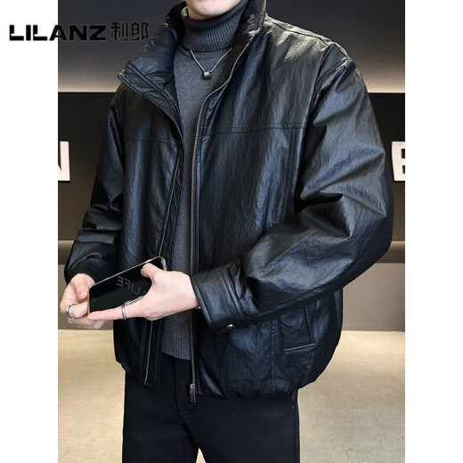 LILANZ Official Men's Leather Down Jacket Winter Thickened 2025 New Fashion Brand Style Stand Collar Short Waterproof White Duck Down Jacket Black - Flagship Model M 100-130Jin Jin is equal to 0.5 kg