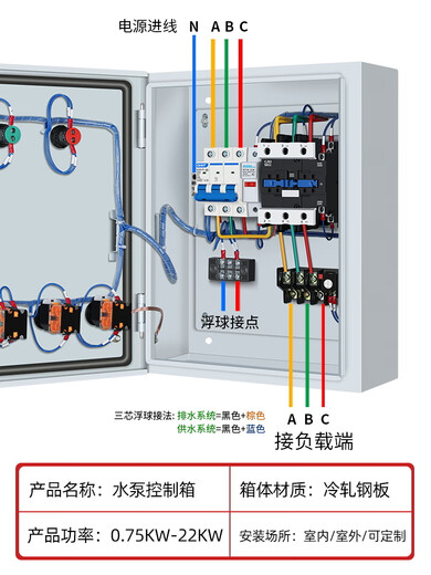 220V household water pump control box, one for use and one for backup float, 380V pressure gauge, one control and two-phase distribution box, single-phase water pump control box 0.75-4KW (economical type with short circuit 1