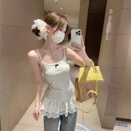 Pure lust style bow lace hem spliced summer camisole feminine slim fit inner top white S recommended 95Jin Jin equal to within 0.5kg