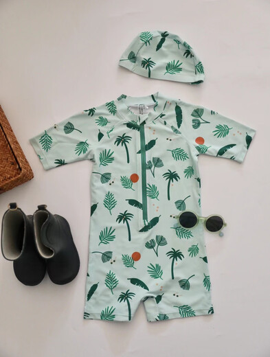 Da Tuan Xiao Yuan's new Danish children's swimsuit for boys and girls, short-sleeved one-piece swimsuit for children and middle-aged children, high elastic sun protection and quick-drying swimsuit, LD one-piece swimsuit, green plant, free swimming cap 80cm