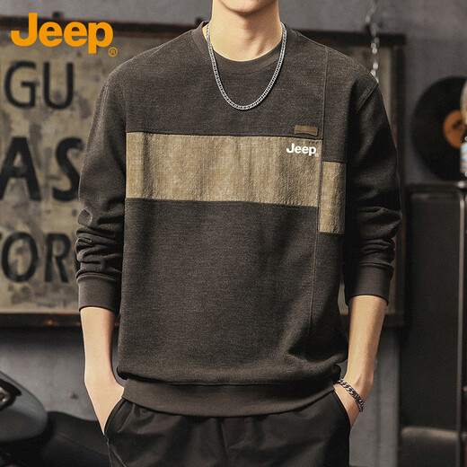 JEEP sweatshirt men's high-end stitching contrasting color bottoming shirt long-sleeved T-shirt top loose trendy men's wear brown XL