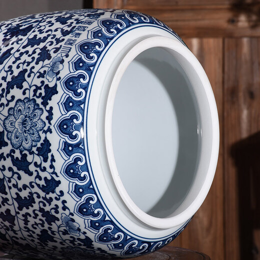 OUOETY blue and white ceramic rice vat for home use with lid 25/50 Jin Jin equals 0.5 kg, barreled and thickened moisture-proof and insect-proof rice bucket storage tank, Panzhilian 25 Jin Jin equals 0.5 kg _ Comes with base measuring cup