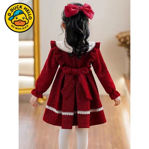 G.duck girls dress autumn and winter 2025 new velvet winter girl red annual dress children princess skirt winter red spring and autumn 90 cm