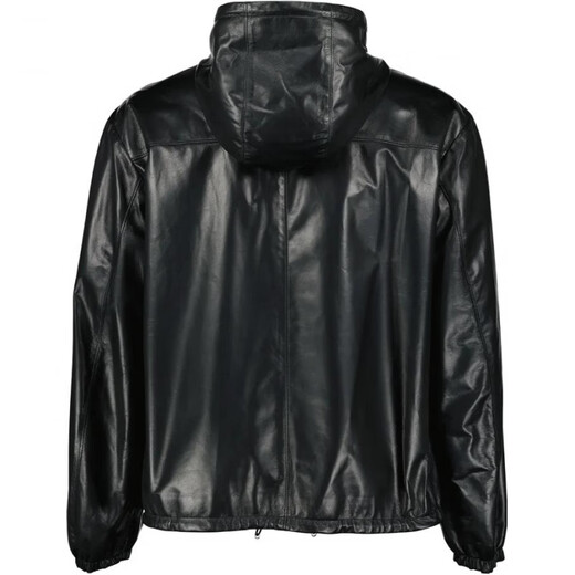 Prada New Year's gift SS22 solid color zipper hooded leather jacket men's black one size 50