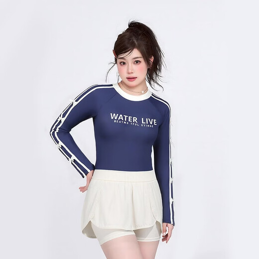 Agliondy long-sleeved large size swimsuit women's sports training fat mm feeling 2025 new swimming pool exclusive navy blue (two-piece set) XL