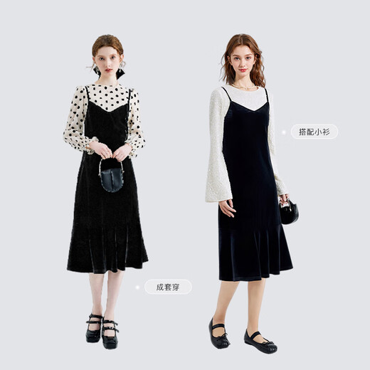 Qiushui Yiren Retro Lyocell Shirt Suspender Velvet Skirt 2025 Autumn New Women's Fashionable Versatile Suit Polka Dot XL