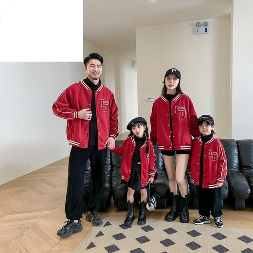 Disney (Disney) Korean version of baseball uniform parent-child clothing for a family of three in autumn and winter burgundy thickened jacket black college style family clothing wide/loose version burgundy baseball uniform 120