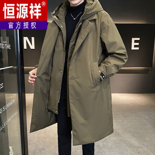 恒源祥中长款男士羽绒服冬季高端潮牌假两件连帽派克服男款冬装风衣外套 军绿色 M