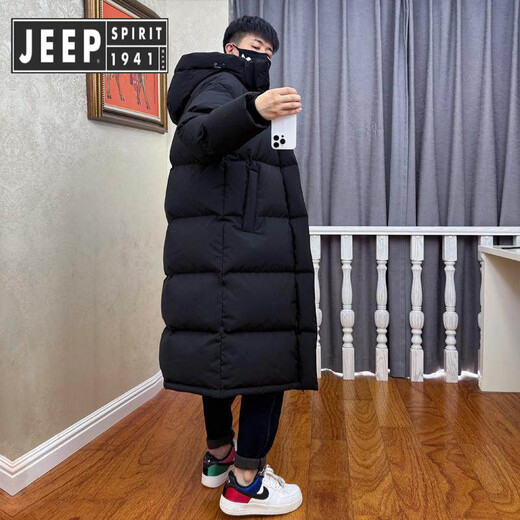 JEEP SPIRIT Jeep's new 95 down down jacket men's extended and thickened knee-length hooded women's winter clothing loose cold-resistant couple outer black XL