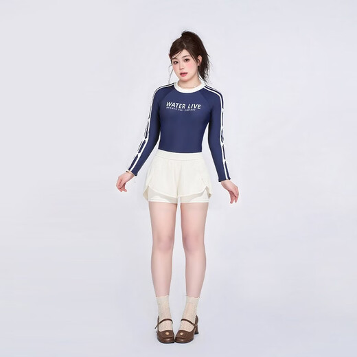 Agliondy long-sleeved large size swimsuit women's sports training fat mm feeling 2025 new swimming pool exclusive navy blue (two-piece set) XL