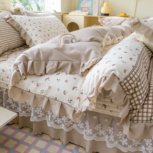 Fantasy French lace knitted double-layer gauze quilt cover three-piece single and double quilt cover princess style floral single and double quilt cover min gray single quilt cover 200x230cm