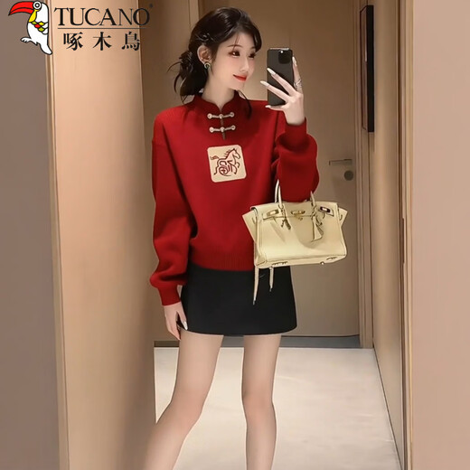 Woodpecker New Chinese Style National Style Plate Button White Horse Red Christmas Sweater for Women 2026 New Winter Zodiac Year of the Horse Clothes New Chinese Sweater for the Year of the Horse Beautiful and great-looking early autumn outfit Unique and beautiful early autumn super M