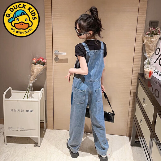 迪士尼（Disney）女童背带裤套装洋气春夏装中大童牛仔背带裤女孩子夏装短袖两件套 黑色T恤+背带裤套装 150