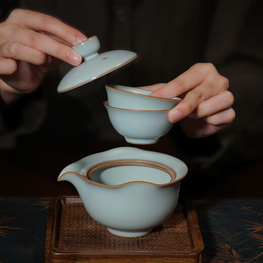Qingdan Moya Qingdan Ru kiln hand-held tea set portable high-end tea set Jingdezhen handmade ceramic quick cup Xiaoyao quick one pot 2 cups