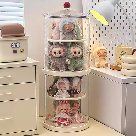 Labubu display box in the shimmer, rotating labubu storage box, transparent plush doll, vinyl doll dust cover, rotating blind box display stand with lift table and cover, ivory white