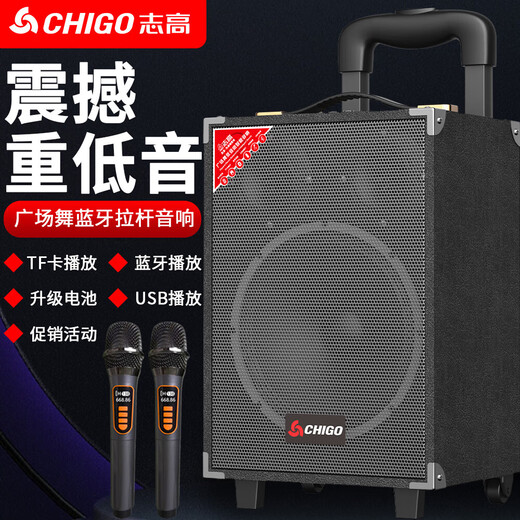 CHIGO Trolley Square Dance Audio Outdoor Karaoke Bluetooth Speaker Special Large Volume Mobile Stage High-Power Stall Heavy Bass High-end Home Mobile Portable Amplifier 8-inch Wooden Box (15-inch Combination Speaker) + Dual Charging Microphones + U Disk