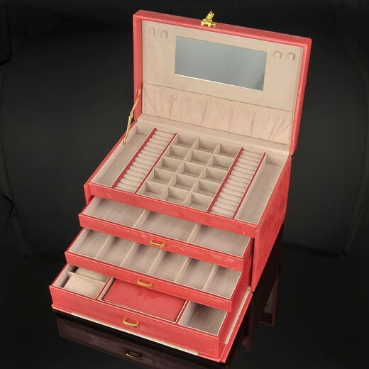 Wing Fantasy flagship combination lock leather jewelry box jewelry storage makeup jewelry storage box extra-large multi-layer travel bag printed in bright red