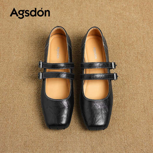Augu Shiden Mary Jane shoes for women spring new style retro temperament versatile ballet style shallow low heel single shoes square toe pig nose women's shoes P561129 black 35