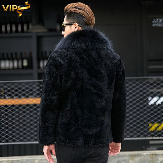 VIPOL's new Haining imitation leather raccoon dog fur collar sheep sheared jacket men's short fur one-piece thickened thick jacket black mink style fur one-piece lining 3XL 160Jin Jin equals 0.5kg ---180Jin Jin equals 0.5kg