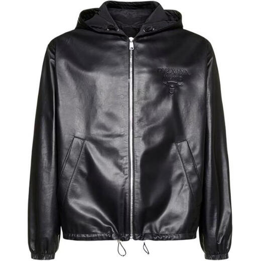 Prada New Year's gift SS22 solid color zipper hooded leather jacket men's black one size 50