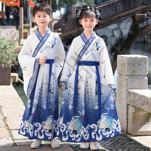 Children's Hanfu, Boys' Chinese School Uniforms, Girls' Ancient Costumes, Children's Clothes, Chinese Style Tang Suit, Three-Character Sutra Opening Ceremony Performance Costumes, Blue and White Porcelain Men's Style, Free Three-Character Sutra 180 cm