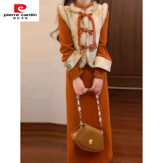 Pierre Cardin 2025 New Year's shirt New Chinese style Chinese style cheongsam quilted vest dress two-piece set women's New Year's greetings winter style vest + cheongsam suit M