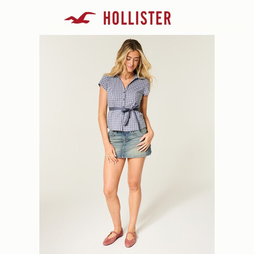 HOLLISTER American waist lace-up slim fit inner short-sleeved shirt 26 spring new women's clothing 340-6070 blue plaid M (165/88A)