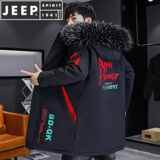 JEEP SPIRIT velvet thickened windbreaker men's winter parka mid-length jacket cotton coat cool and handsome jacket black red 1905 with fur collar M 80-100Jin Jin equals about 0.5 kg