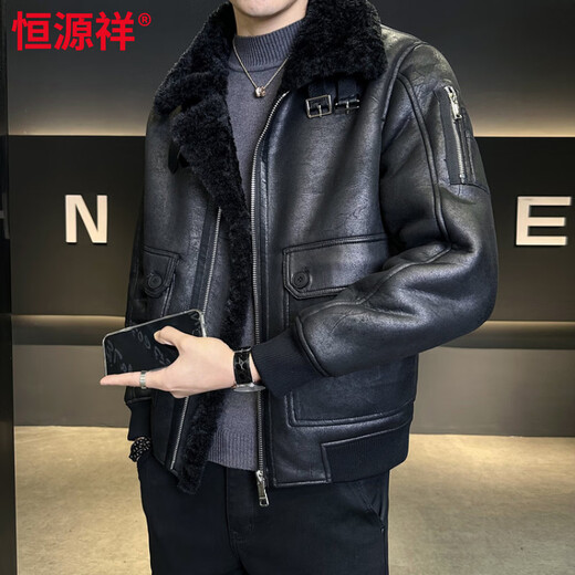 Hengyuanxiang new winter PU fur one-piece jacket men's trendy brand loose casual plus velvet thickened short motorcycle leather jacket black L