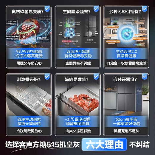 Rongsheng Cube Sugar 515 Double System French Multi-door Four-door Thin Zero Embedded Refrigerator Household Automatic Ice Making Level 1 Gray National Subsidy World Cup BCD-515P60FZNAD