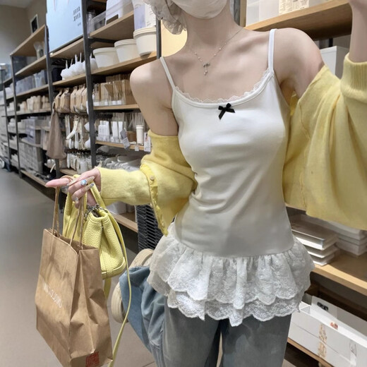 Pure lust style bow lace hem spliced summer camisole feminine slim fit inner top white S recommended 95Jin Jin equal to within 0.5kg