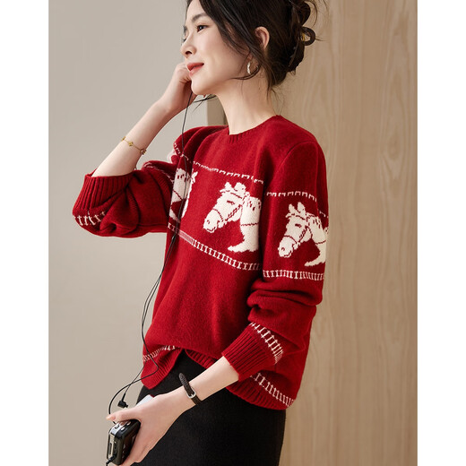Demana Mengma Shenghua winter warm velvet yarn sweater round neck contrast color jacquard slightly loose women's sweater