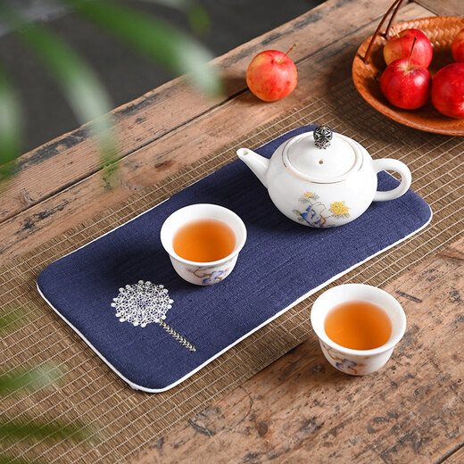 Guangyi cotton and linen thickened tea towel tea tablecloth waterproof tea ceremony mat Chinese style Zen Kung Fu tea ceremony embroidery travel tablecloth Navy/Dandelion (length 29CM width 15CM)