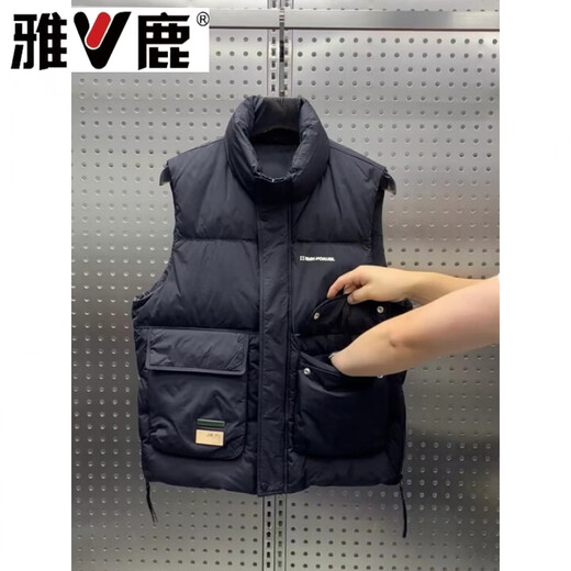 雅鹿冬季新款工装羽绒马甲男青年宽松休闲简约白鸭绒背心加厚无袖外套 黑色 M 建议100-130斤