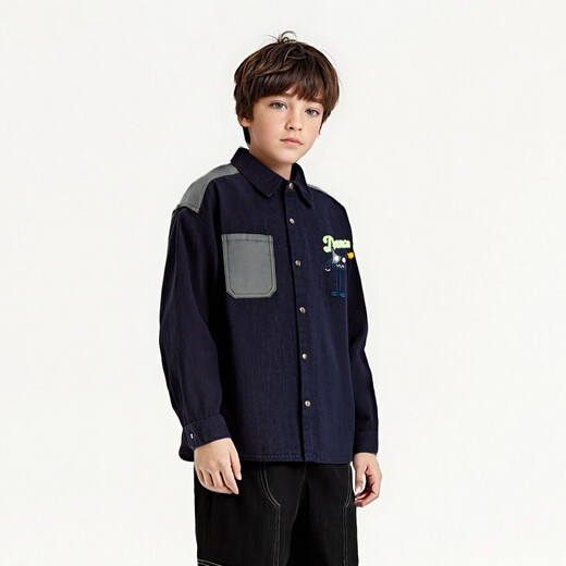 MQD children's clothing boys' lapel denim shirt winter new children's spliced long-sleeved embroidered loose jacket dark denim blue 120