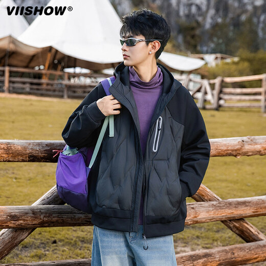 viishow新款羽绒服连帽外套男女同款冬宽松加厚男休闲情侣羽绒服 曜石黑 M