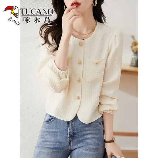 Woodpecker Autumn and Winter Fashionable Versatile Long Sleeve Shirt Women's Solid Color New Small Short Puff Sleeve Top Shirt Apricot-Version S