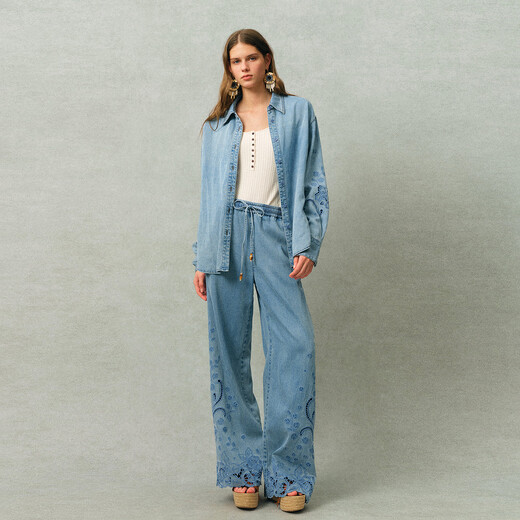 Fabrique washed light blue floral embroidered cotton and linen denim shirt 2026 spring new arrival light blue XS