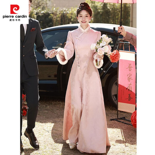 Pierre Cardin Pink Toast Wear Bridal 2025 New Chinese Engagement Dress Thickened Winter Wedding Day Casual Dress Pink 205 S Dress Size is Small Consult Customer Service to Check Size
