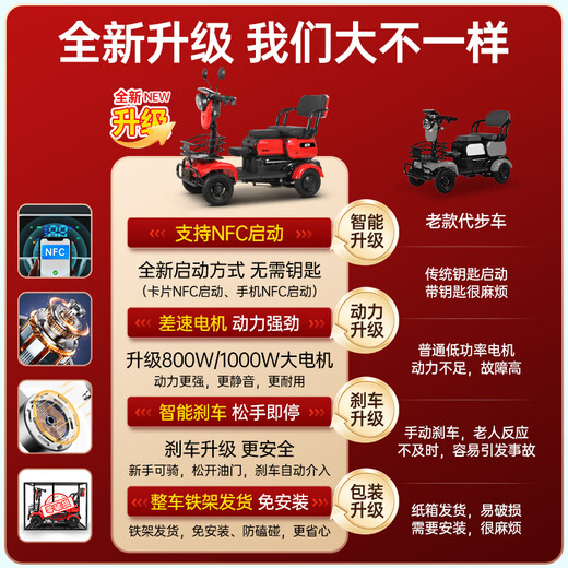 Weihuan electric scooter for the elderly, four-wheel high-end scooter for the elderly, small new battery scooter for disabled people, 48V23AH black gold, about 80 miles + 800W motor