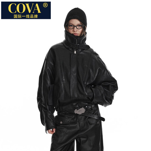 COVA international first-line brand fur collar retro pilot silhouette leather cotton coat for women 2025 winter new fashion jacket black (ready in stock) S