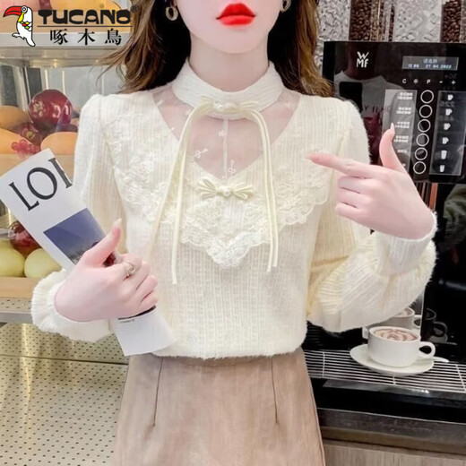 Woodpecker (TUCANO) velvet Chinese style thickened national style button-up shirt fashionable lace bottoming autumn and winter 2026 new top commuting white XL